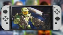 Microsoft acquiring Nintendo: a screenshot from Halo Infinite is visible on a Nintendo Switch OLED