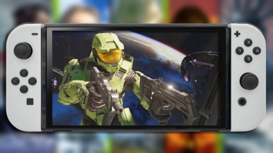 Microsoft acquiring Nintendo: a screenshot from Halo Infinite is visible on a Nintendo Switch OLED
