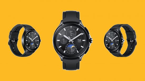 Xiaomi Watch 2 Pro header showing the watch in black three times from different angles on a mango yellow background.