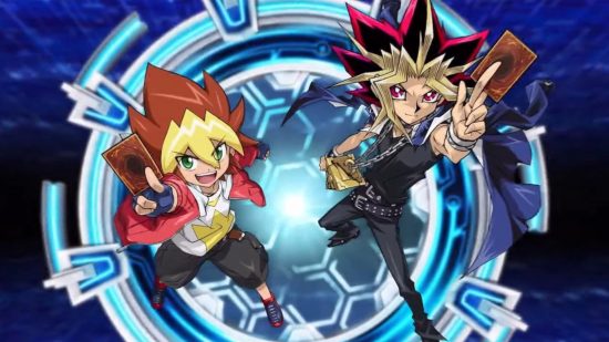Header for Yu-Gi-Oh! Rush Duel preview with Yuga and Atem pointing cards at the sky
