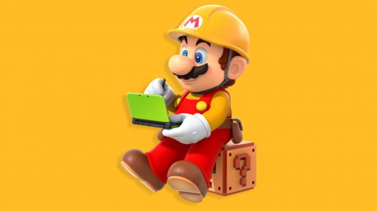 3DS and Wii U online functions: Mario sits on a question block, and is playing a lime green 3DS