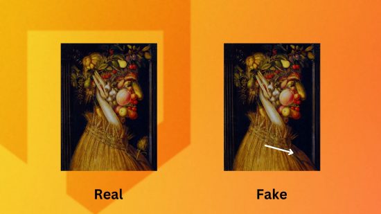 The real and fake versions of the ACNH art guide jolly painting