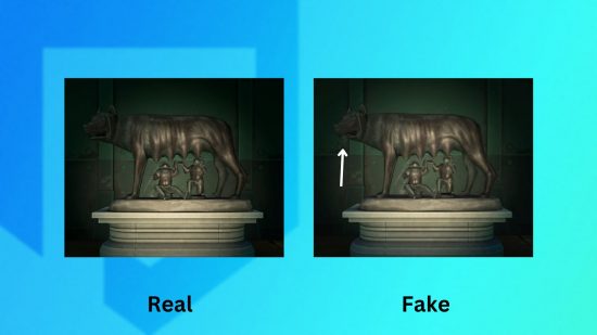 The real and fake versions of the ACNH art guide motherly statue