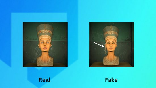 The real and fake versions of the ACNH art guide mystic statue
