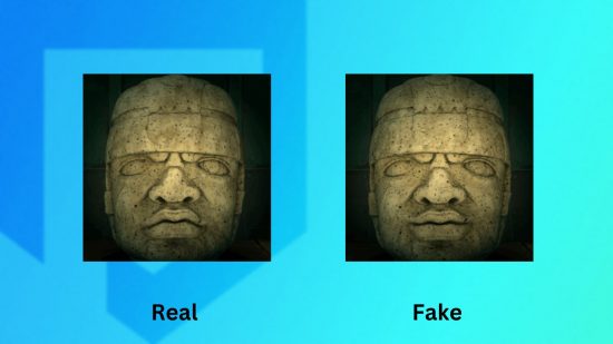 The real and fake versions of the ACNH art guide rock head statue