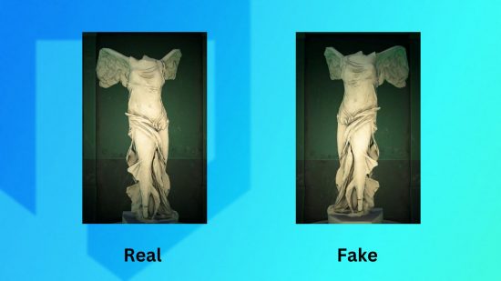 The real and fake versions of the ACNH art guide valiant statue