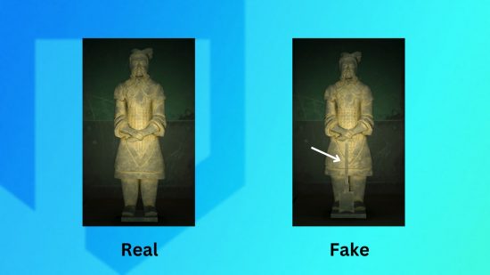 The real and fake versions of the ACNH art guide warrior statue