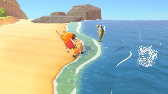 ACNH fish list - a villager catching a fish from the sea, wearing orange clothing