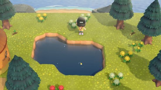 ACNH fish list - a villager fishing in a pond surrounded by trees and flowers