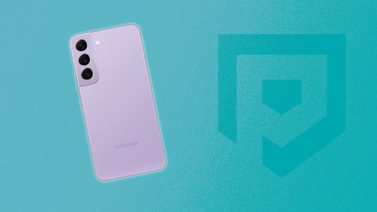 Android screenshot: a purple Samsung phone on a teal background