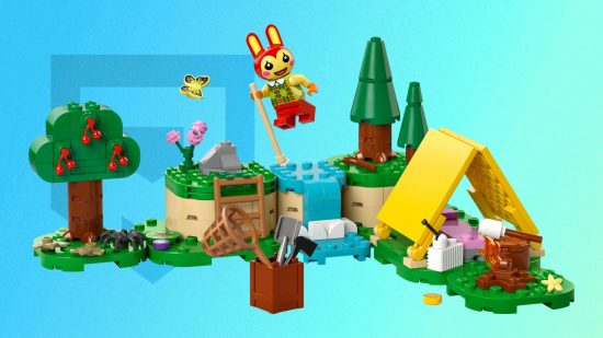 Animal Crossing Lego - Bunnie vaulting across a stream with a yellow tent and a toolbox in front
