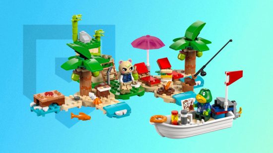 Animal Crossing Lego - Kapp'n in a boat and an animal standing on an island, made of Lego