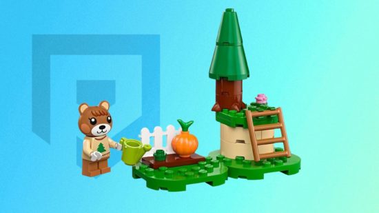 Animal Crossing Lego - A brown bear watering a plant made of lego