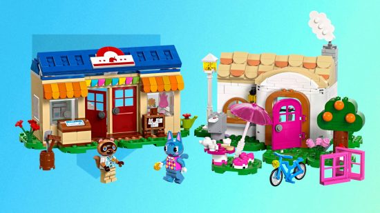 Animal Crossing Lego - dwa budynki wykonane z klocków Lego, w tym Nook's Cranny i dom