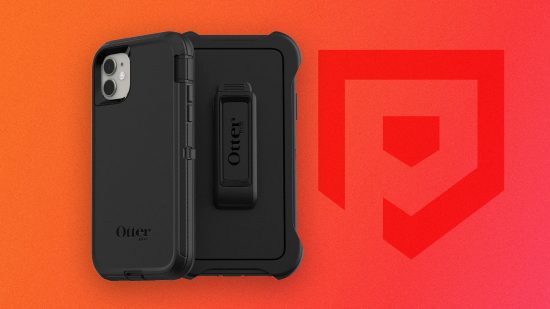 Best iPhone cases: A durable OtterBox iPhone case on two iPhones on a red background with the Pocket Tactics P logo