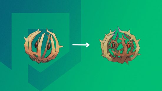 Bramblin evolution: the two evolutions of the tumbleweed Pokémon on a green Pocket Tactics background