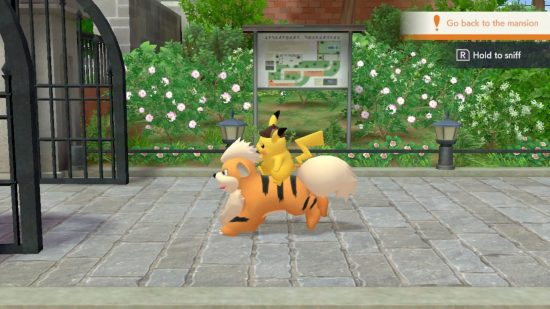 Detective Pikachu Returns review - Pikachu riding on a Growlithe's back through a park