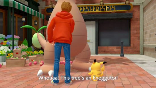 Detective Pikachu Returns review - Pikachu and Tim staring at an Exeggutor