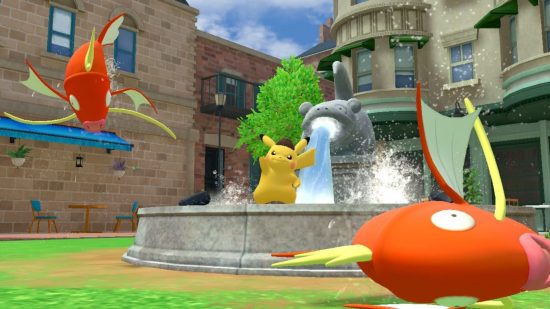 Detective Pikachu Returns review - Pikachu standing on a fountain with two Magikarp in the air