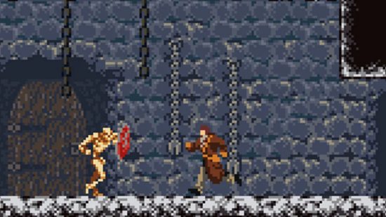 Dracula Dark Reign release: a man running at a skeleton in a pixel-art game