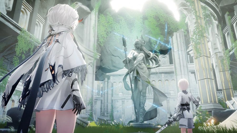 Key art of Duet Night Abyss's characters in front of a statue