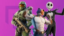 Three Fortnite skins including Halo's Master Chief, Meowscles, and Disney's Jack Skellington
