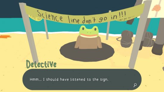 A screenshot of Frog Detective the Entire Mystery, showing a frog stuck in a hole