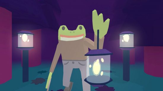 Frog Detective the Entire Mystery: a frog holding up a lantern in a dark area