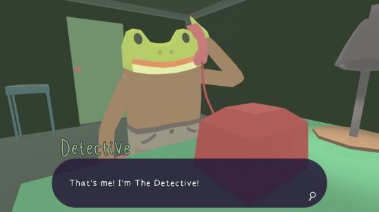 A screenshot from Frog Detective the Entire Mystery, showing a frog answering a phone