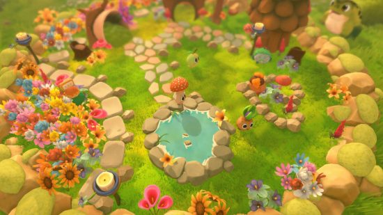 Garden Buddies release date - small characters in a garden surrounded by rocks and flowers