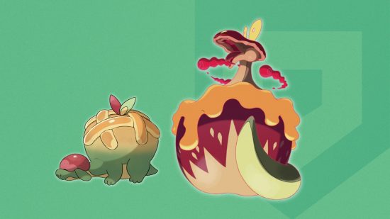 Gigantamax Pokémon Appletun form on a themed Pocket Tactics background