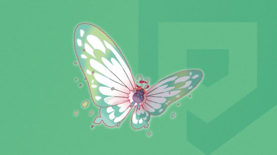 Gigantamax Pokémon Butterfree form on a themed Pocket Tactics background