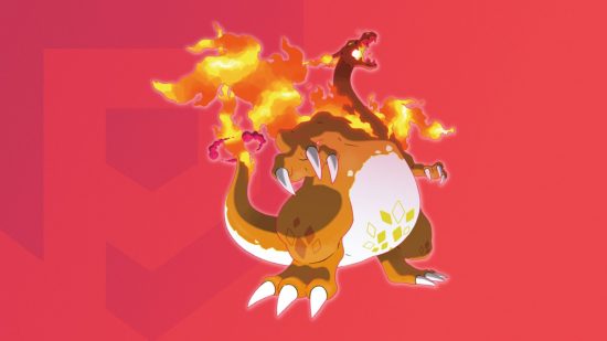 Gigantamax Pokémon Charizard form on a themed Pocket Tactics background