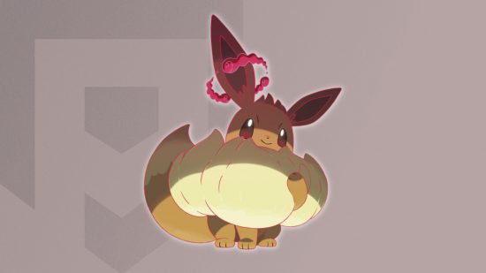 Gigantamax Pokémon Eevee's form on a themed Pocket Tactics background