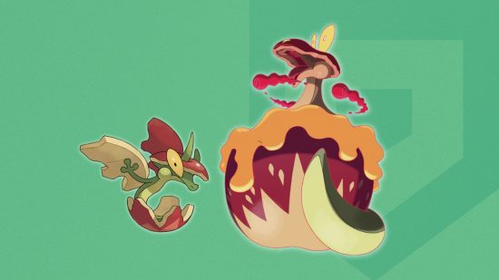 Gigantamax Pokémon Flapple's form on a themed Pocket Tactics background