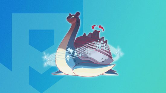 Gigantamax Pokémon Lapras' form on a themed Pocket Tactics background