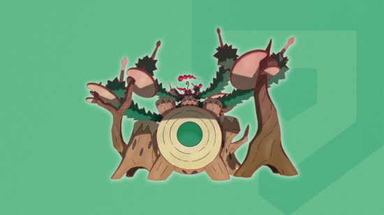 Gigantamax Pokémon Rillaboom's form on a themed Pocket Tactics background