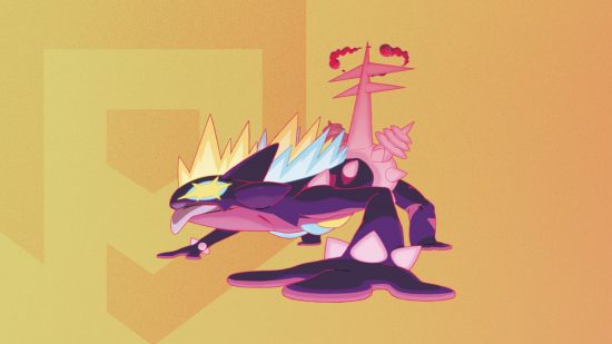 Gigantamax Pokémon Toxtricity's form on a themed Pocket Tactics background