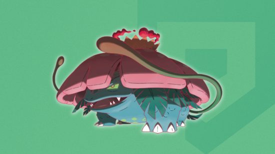 Gigantamax Pokémon Venusaur's form on a themed Pocket Tactics background