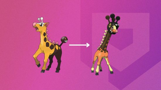 The two stages of Girafarig evolution and Farigiraf on a pink background 