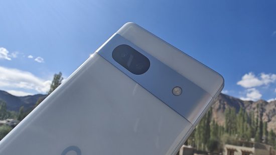 Picture of the back and back cameras on the Google Pixel 7a for a review of the phone