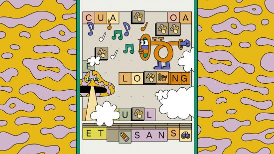 Gubbins release date - a screenshot of the word game with funky patterns