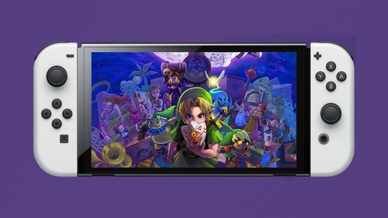 Majora's Mask Switch: key art of the video game imposed onto an OLED switch