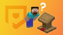 Minecraft lectern: Steve leaning down next to a lectern item