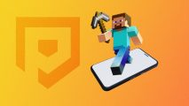 A Minecraft mobile character jumping out of a smartphone