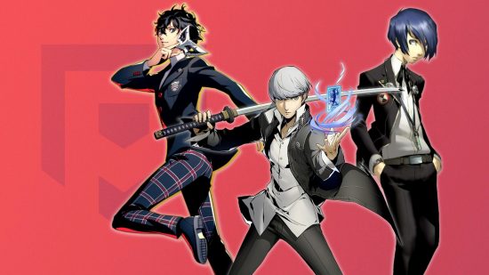 Persona games: protagonists of Persona 3, 4, and 5 on a red background