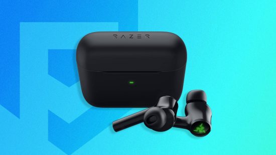 Razer Hammerhead Pro HyperSpeed review: a pair of black earbuds with green lights appear against a blue background