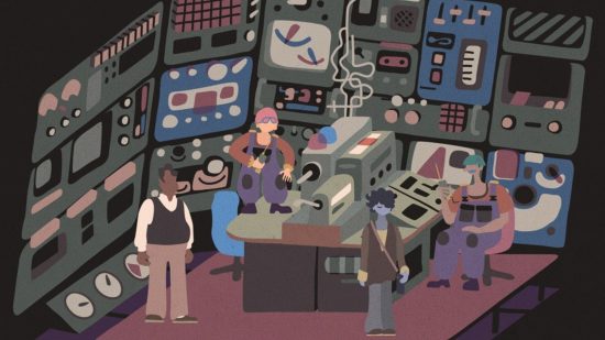 Saltsea Chronicles release date- four people inside a control room in a distinct art style