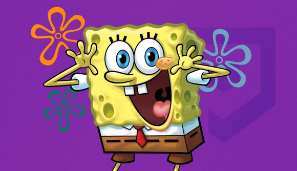 Spongebob games: SPongebob Squarepants on a purple background surrounded by flowers
