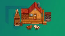 Stardew Valley farm layout: farm buildings and two cows on a dark green background